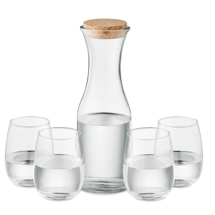 KARAFES 1L UN 4 GLĀŽU 420 ML KOMPLEKTS NO PĀRSTRĀDĀTA STIKLA 